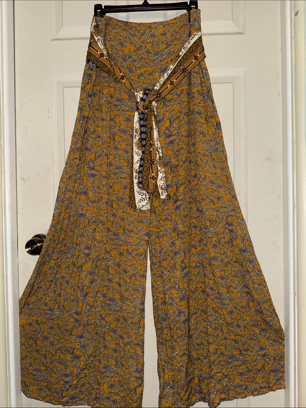 Boho Wide-Leg Mustard Floral Palazzo Pants with Tie Detail